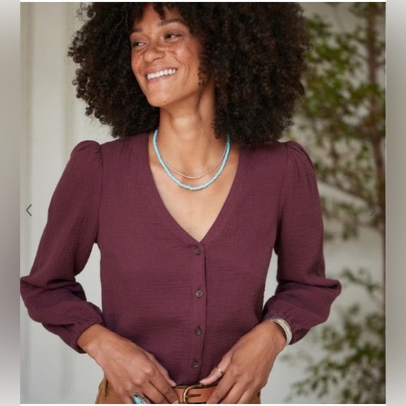 Marine Layer Tops - Marine Layer Colette 100% Cotton Gauzy Button Front V-Neck Puff Sleeve Blouse L